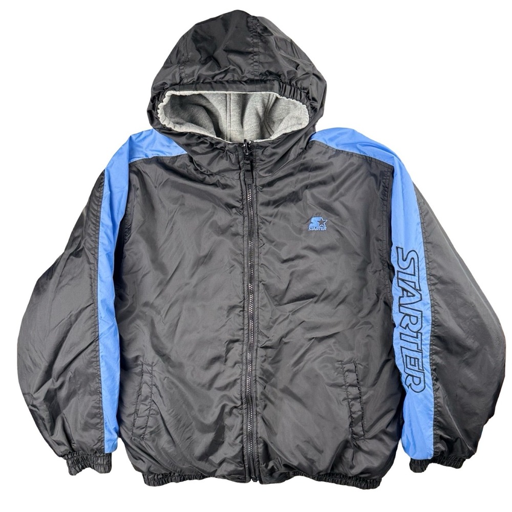 Starter Reversible Puffer‎ Jacket Hooded Black Gray Blue Vintage - Picture 2 of 9